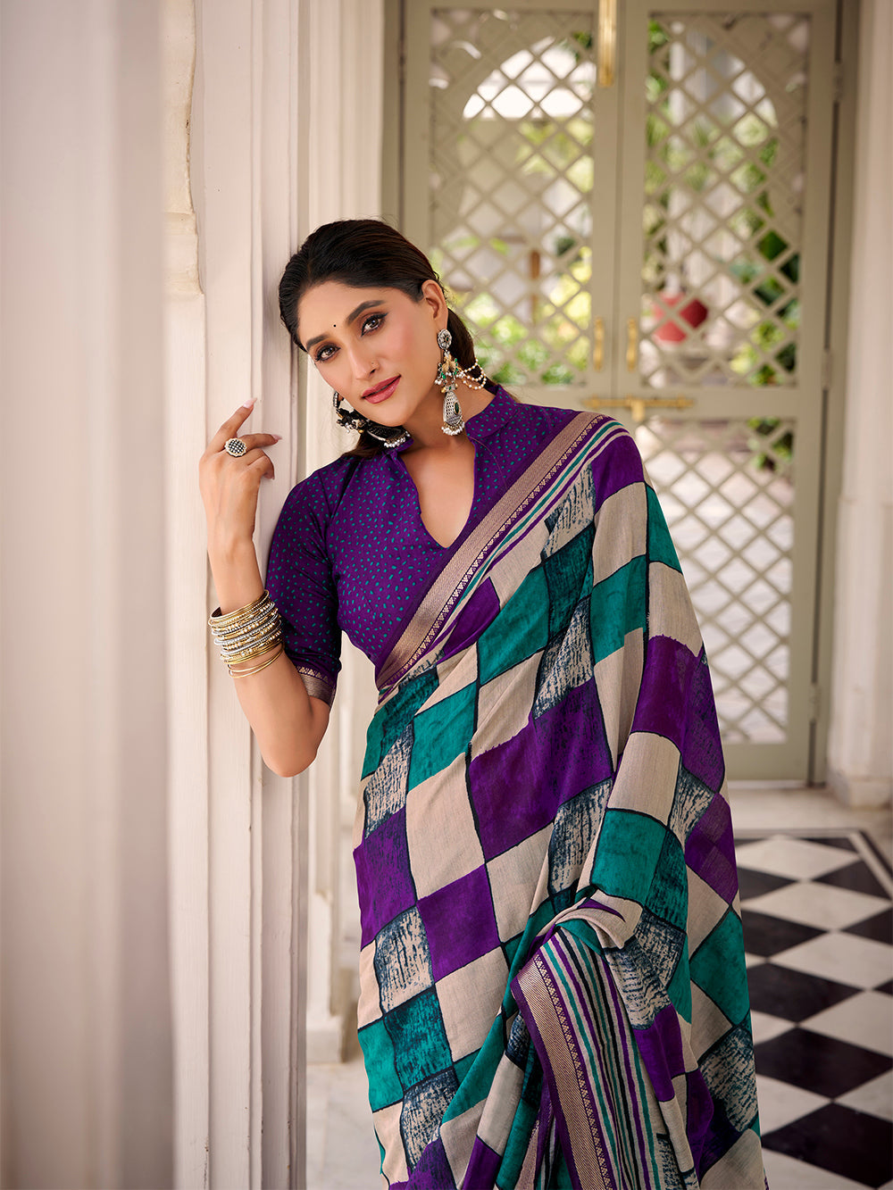 Purple viscose chanderi check print saree with temple lace border blouse piece