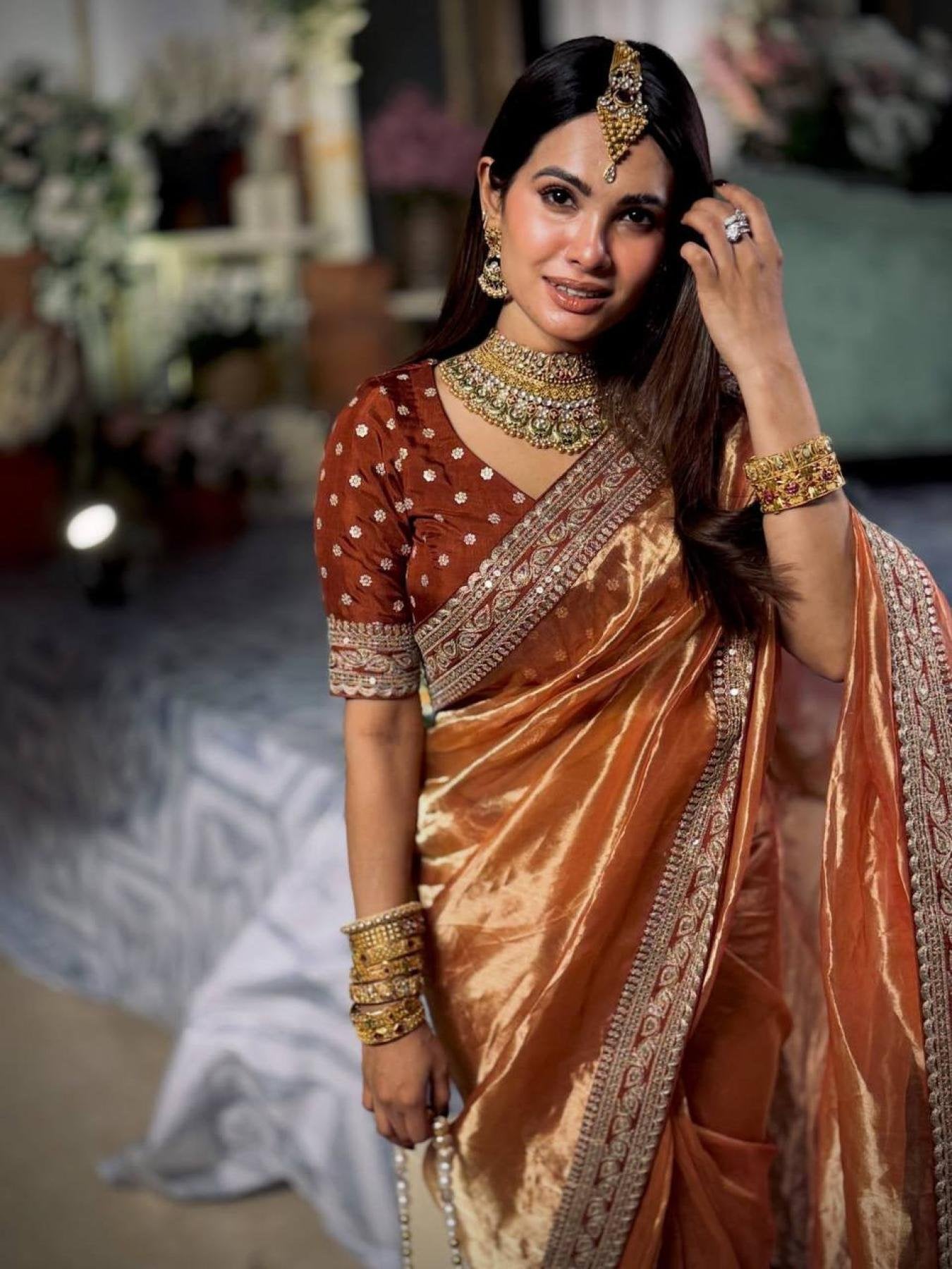 Orange Fancy Embroidered Soft Twill Fabric Saree with Mono Banglori Blouse