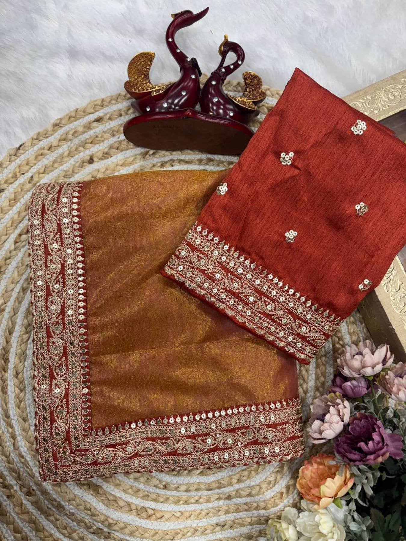 Orange Fancy Embroidered Soft Twill Fabric Saree with Mono Banglori Blouse