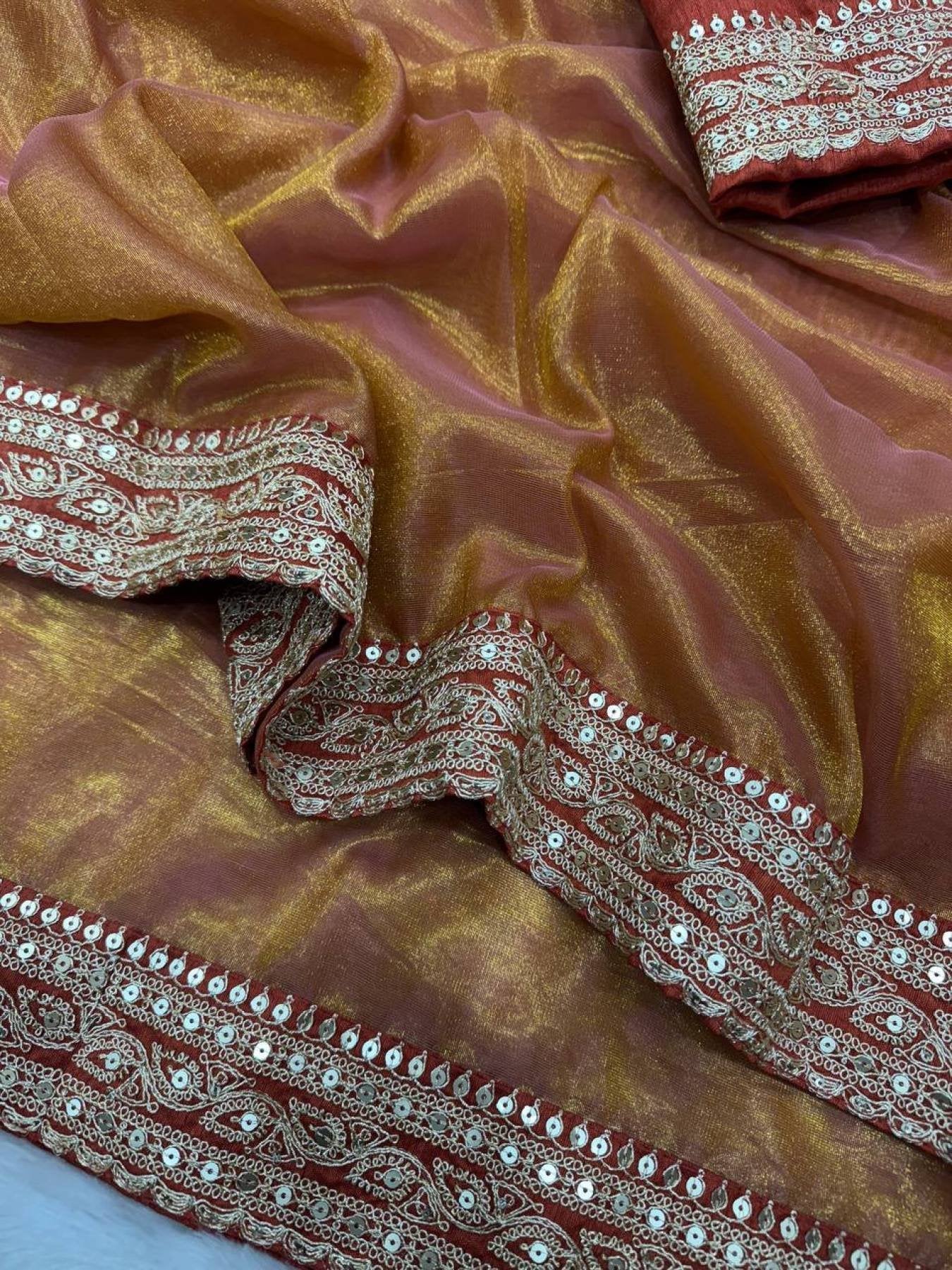 Orange Fancy Embroidered Soft Twill Fabric Saree with Mono Banglori Blouse