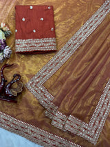 Orange Fancy Embroidered Soft Twill Fabric Saree with Mono Banglori Blouse
