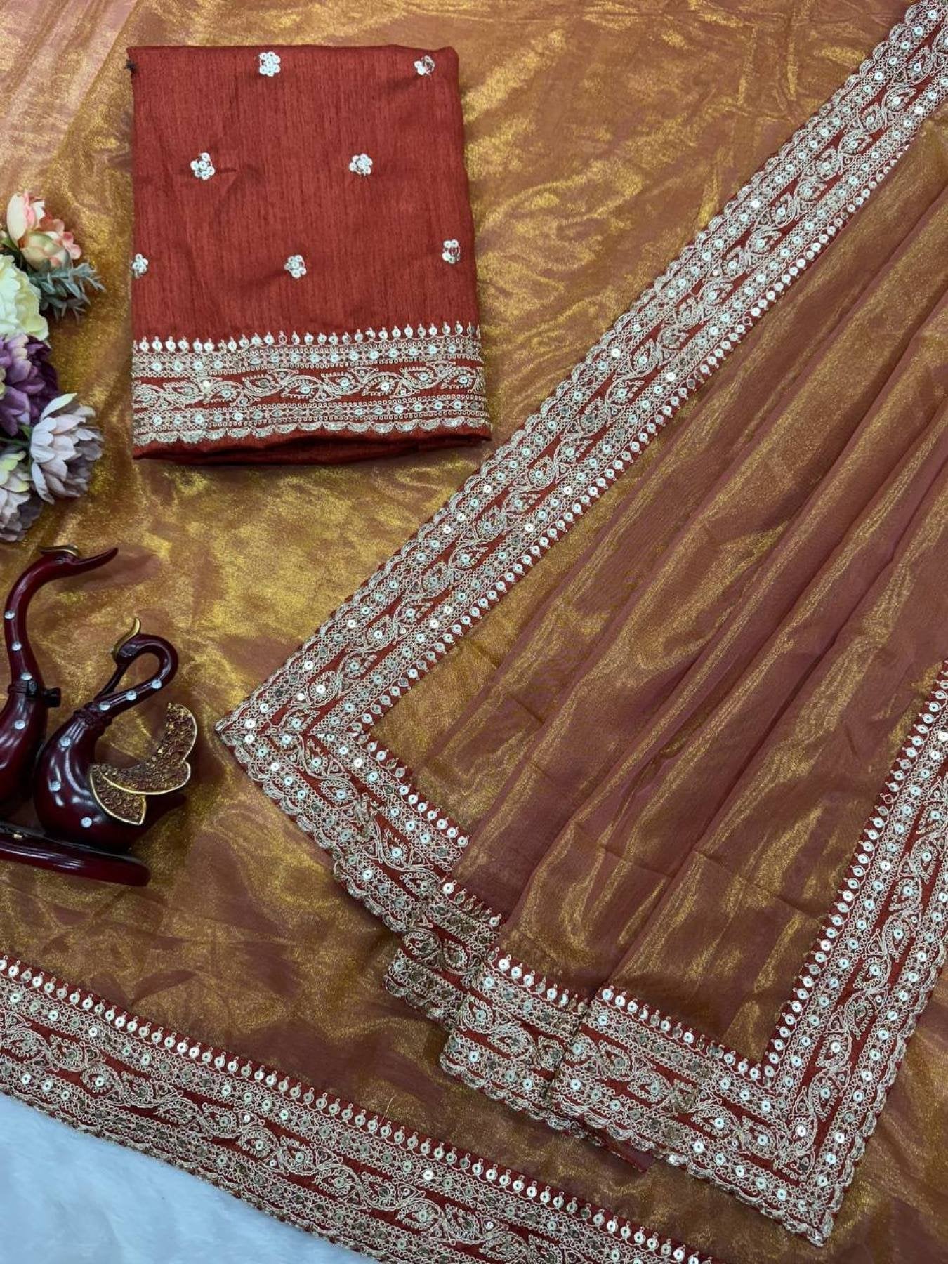 Orange Fancy Embroidered Soft Twill Fabric Saree with Mono Banglori Blouse