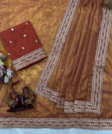 Orange Fancy Embroidered Soft Twill Fabric Saree with Mono Banglori Blouse