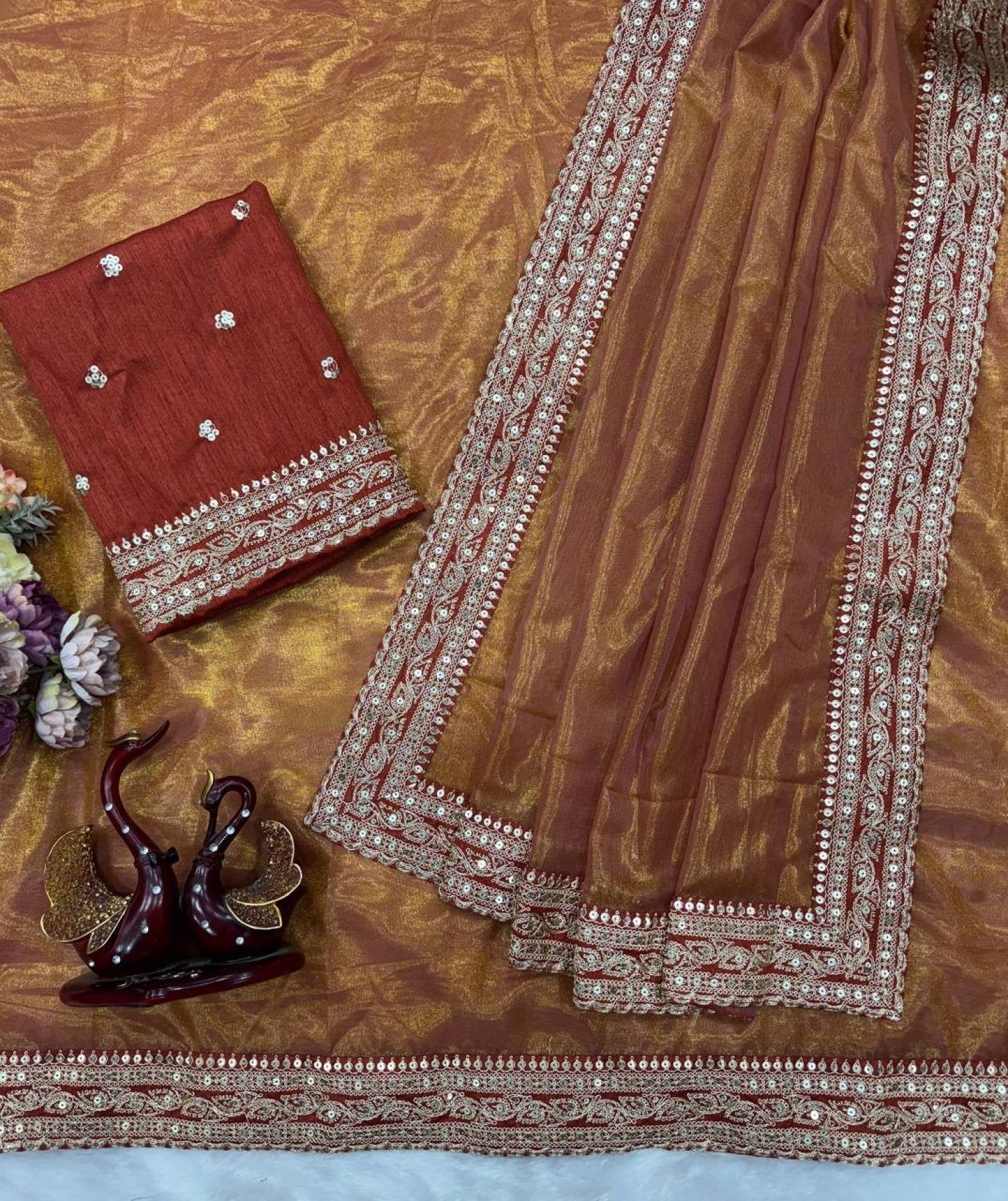 Orange Fancy Embroidered Soft Twill Fabric Saree with Mono Banglori Blouse