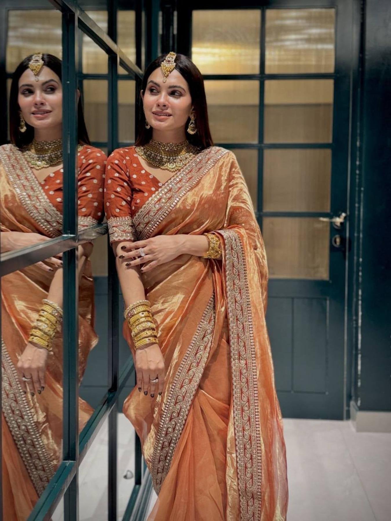 Orange Fancy Embroidered Soft Twill Fabric Saree with Mono Banglori Blouse