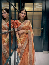 Orange Fancy Embroidered Soft Twill Fabric Saree with Mono Banglori Blouse