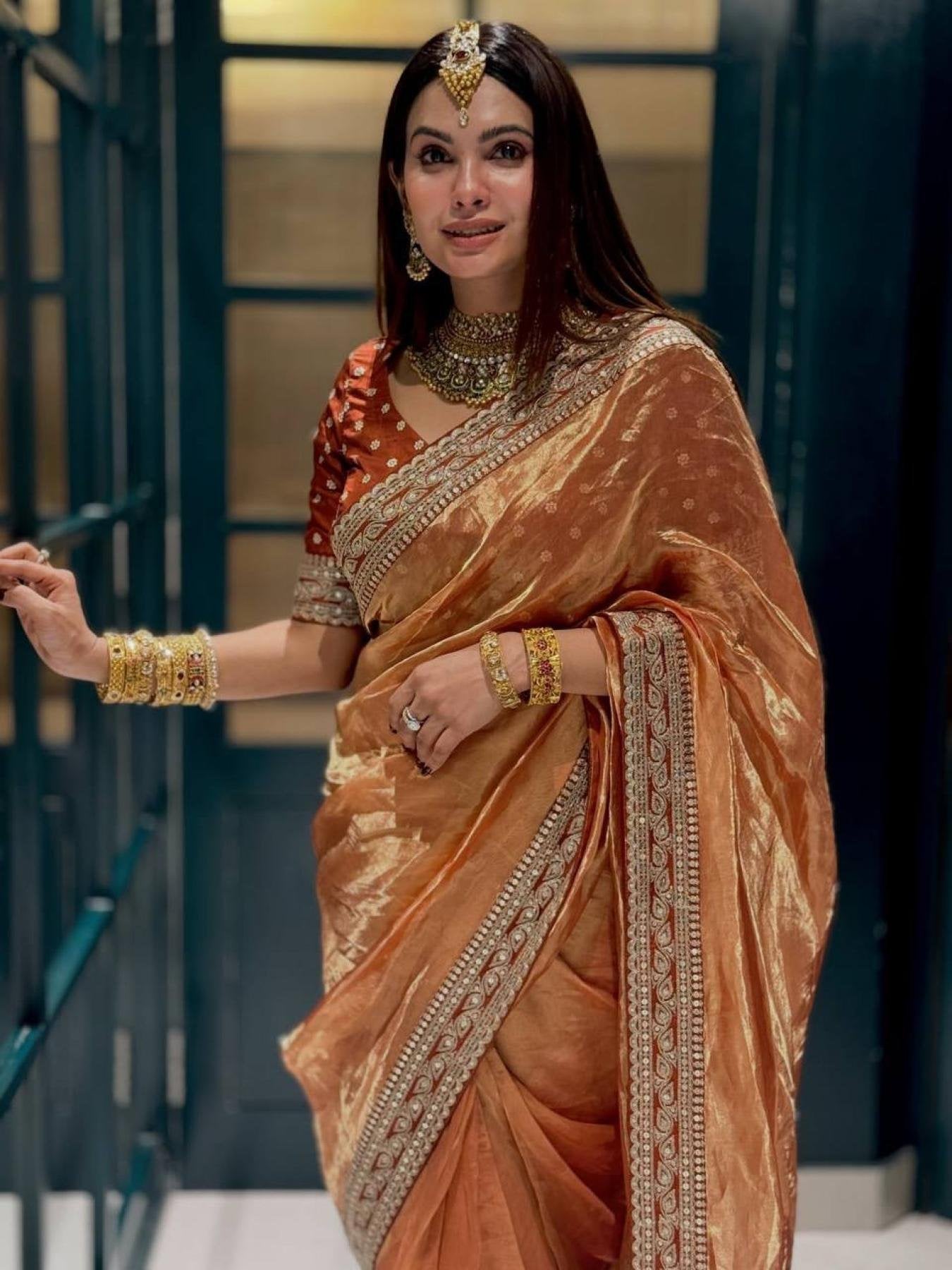 Orange Fancy Embroidered Soft Twill Fabric Saree with Mono Banglori Blouse