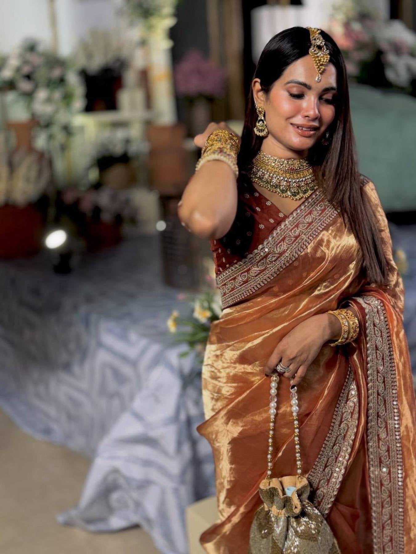 Orange Fancy Embroidered Soft Twill Fabric Saree with Mono Banglori Blouse