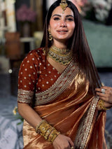 Orange Fancy Embroidered Soft Twill Fabric Saree with Mono Banglori Blouse