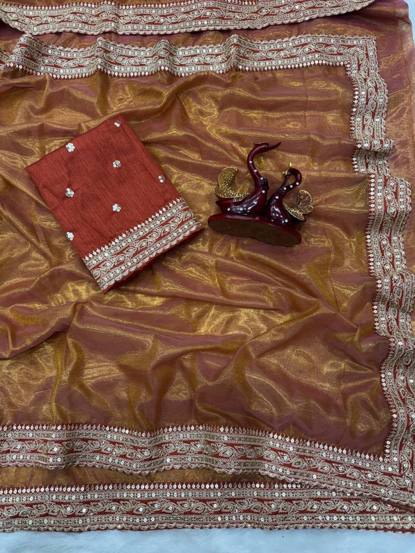 Orange Fancy Embroidered Soft Twill Fabric Saree with Mono Banglori Blouse