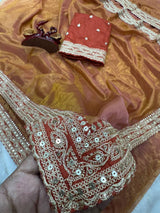 Orange Fancy Embroidered Soft Twill Fabric Saree with Mono Banglori Blouse