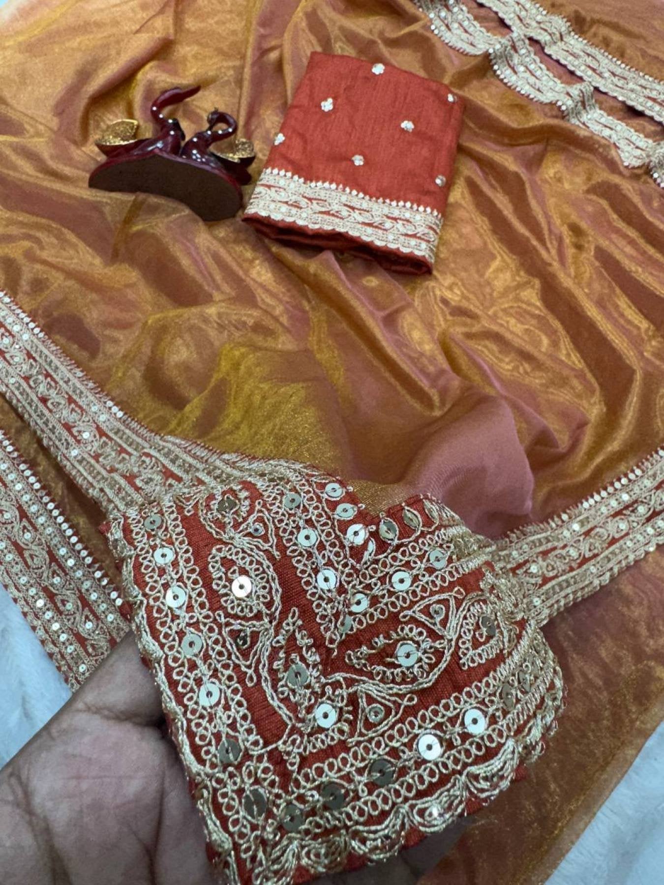 Orange Fancy Embroidered Soft Twill Fabric Saree with Mono Banglori Blouse