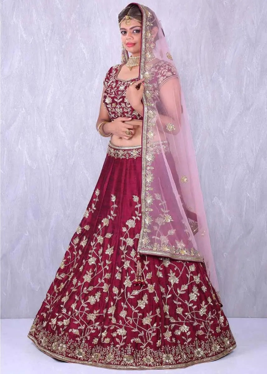 Fancy red raw silk bridal lehenga