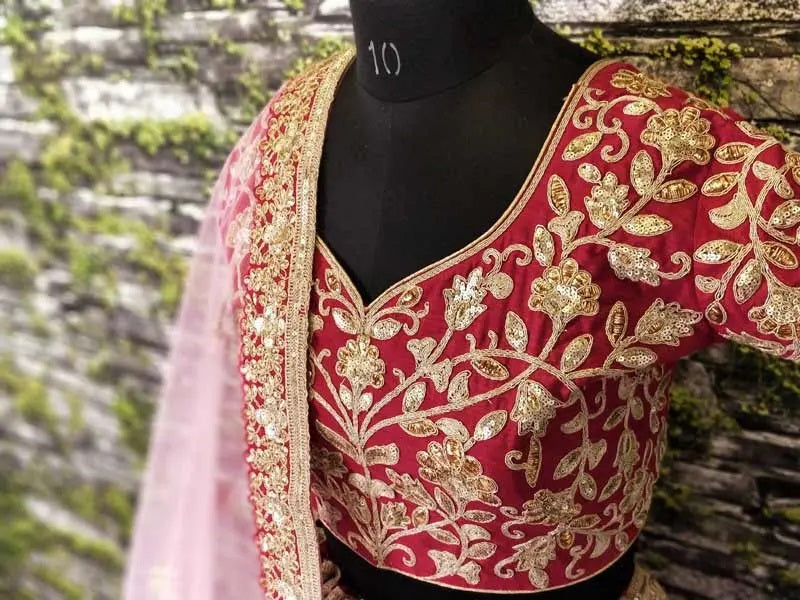 Fancy red raw silk bridal lehenga