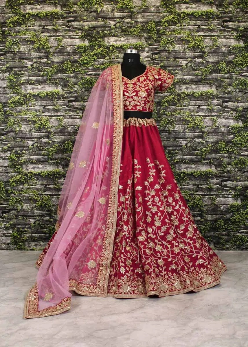 Fancy red raw silk bridal lehenga