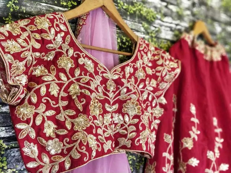 Fancy red raw silk bridal lehenga