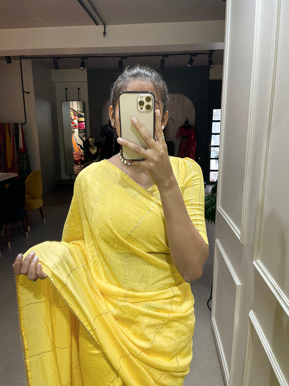 Yellow Color Sequins And Zari Work Viscose Chanderi Saree