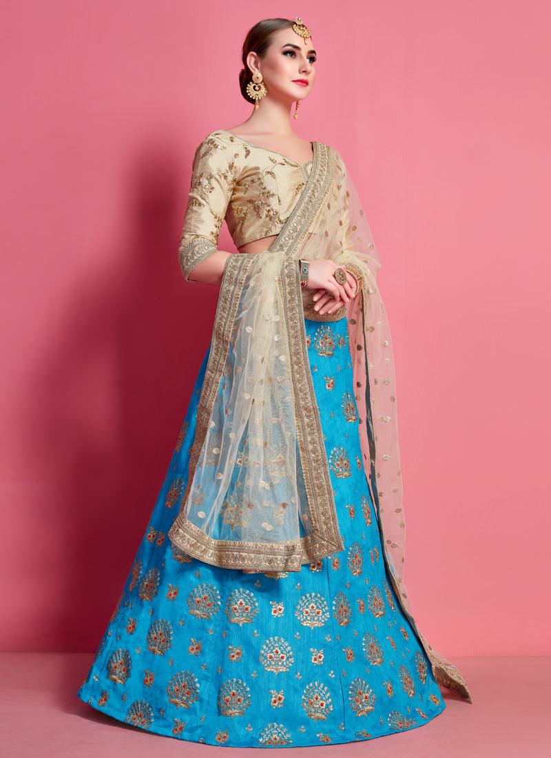 Fantastic Sky Blue Heavily Embroidered Art Silk Base Lehenga Choli