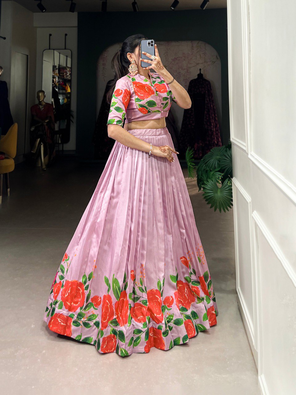 Fantasy Myeong Elegant Tussar Silk Floral Print Lehenga Set – Stitched with Adjustable Blouse