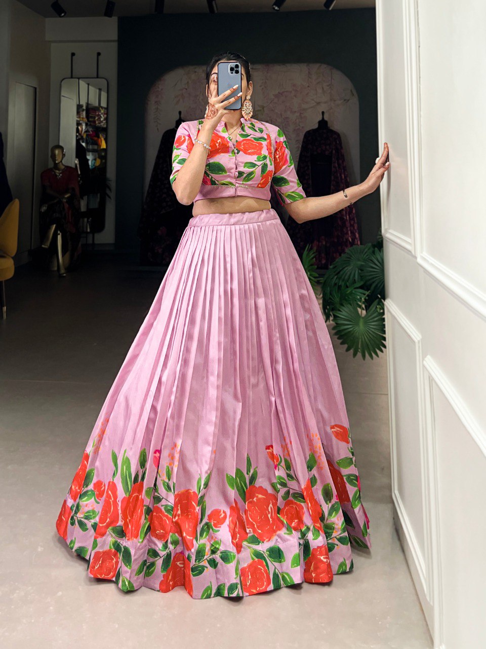 Fantasy Myeong Elegant Tussar Silk Floral Print Lehenga Set – Stitched with Adjustable Blouse