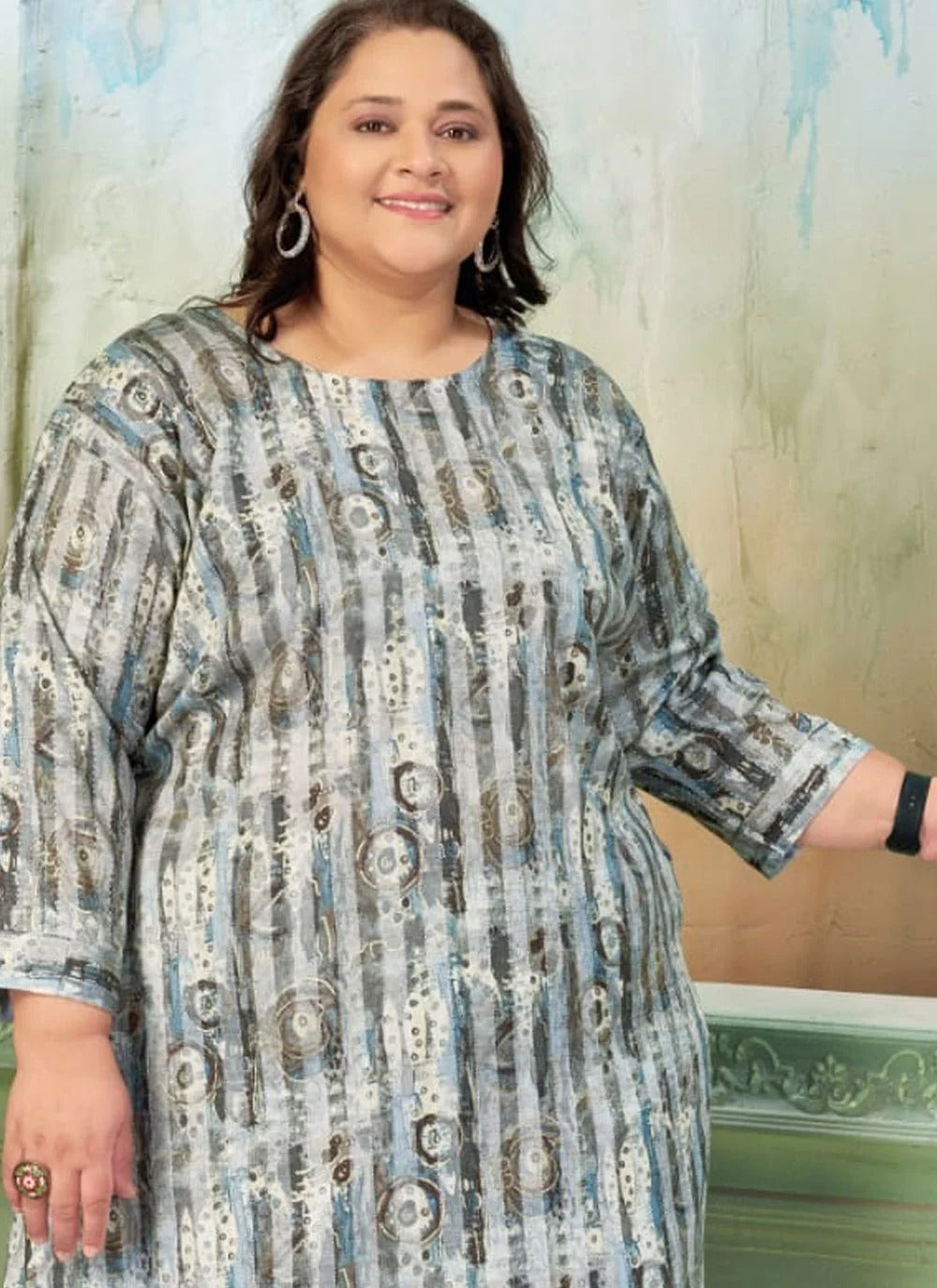 Trendy plus size ethnic co ord set for women in riyon slub print