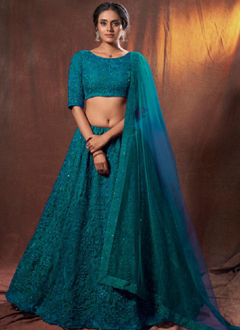 Fashionable Turquoise Blue Resham Work Detailed Lehenga Choli