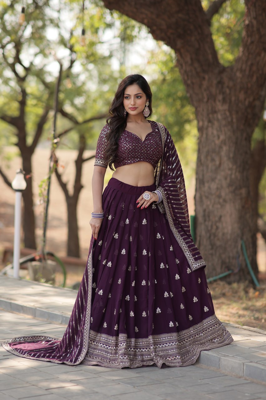 Faux Blooming Embroidered Wine Lehenga Choli Set with Sequin Work