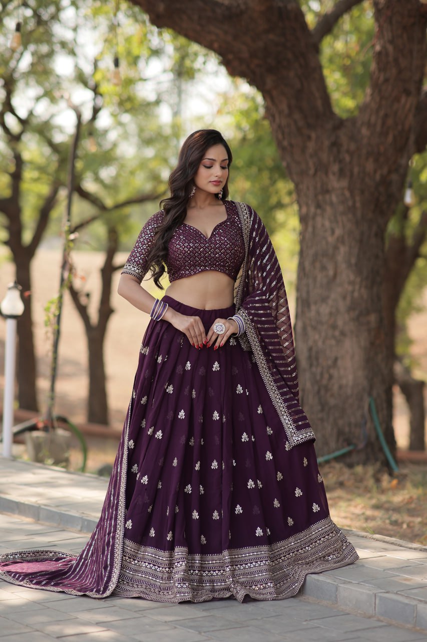 Faux Blooming Embroidered Wine Lehenga Choli Set with Sequin Work