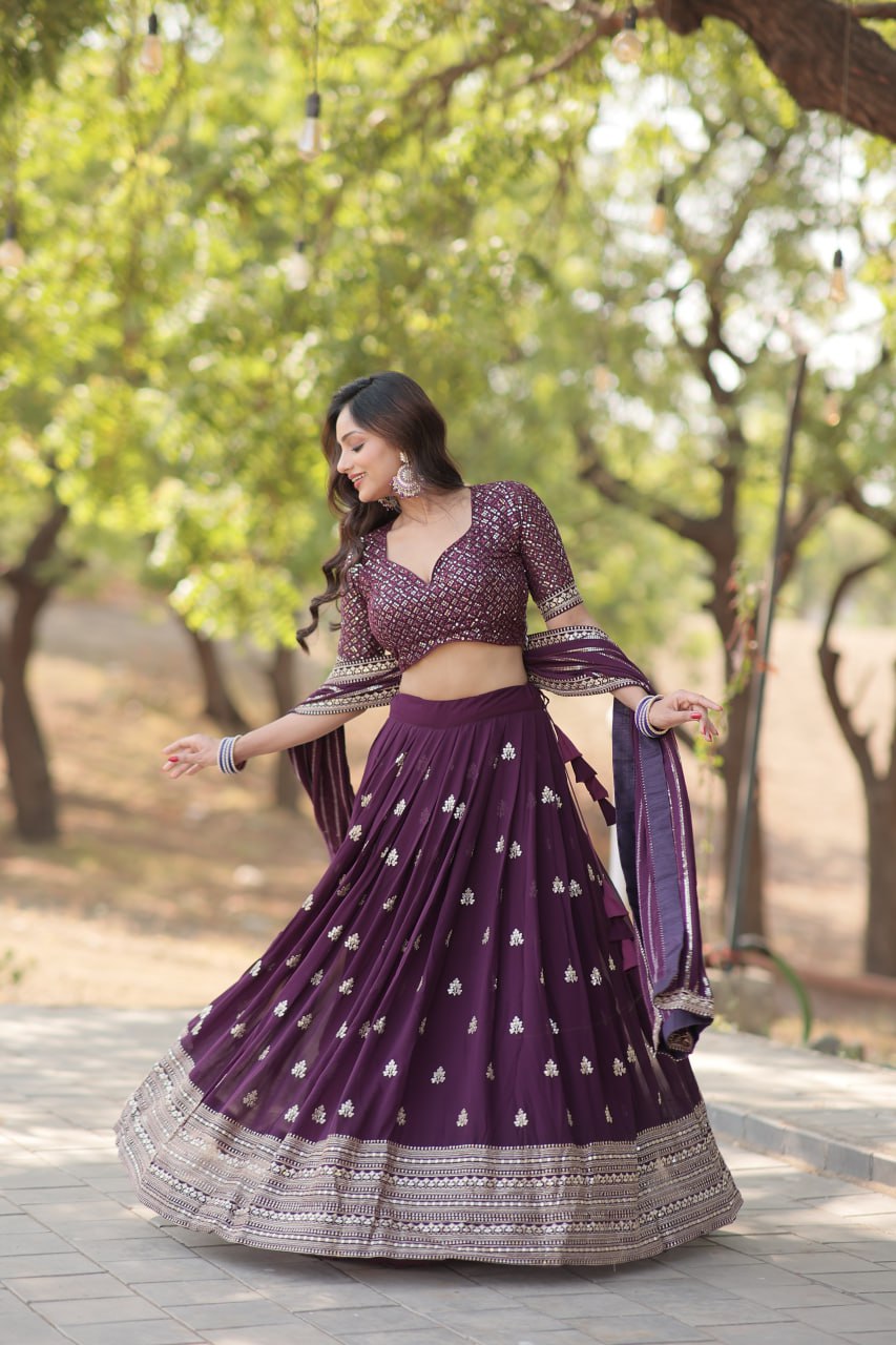 Faux Blooming Embroidered Wine Lehenga Choli Set with Sequin Work