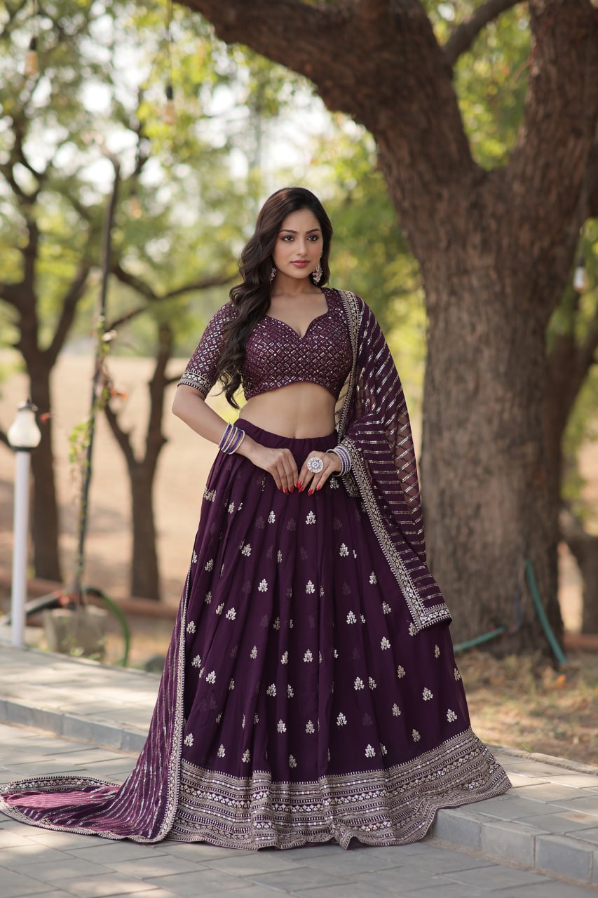 Faux Blooming Embroidered Wine Lehenga Choli Set with Sequin Work