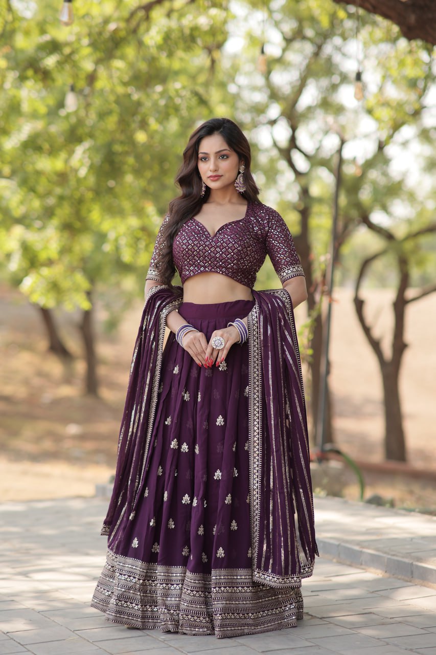 Faux Blooming Embroidered Wine Lehenga Choli Set with Sequin Work