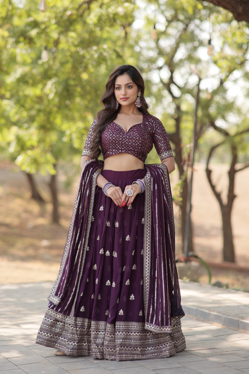 Faux Blooming Embroidered Wine Lehenga Choli Set with Sequin Work