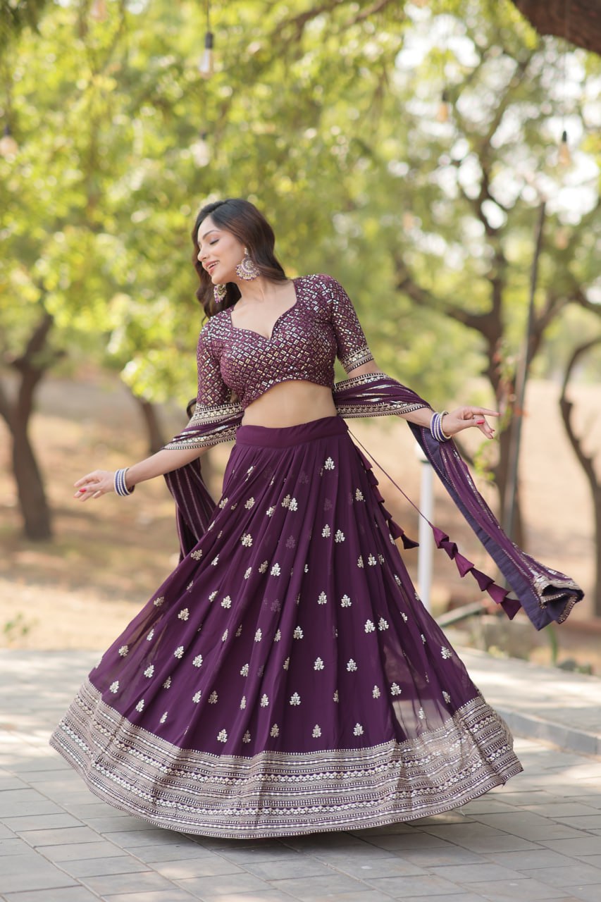 Faux Blooming Embroidered Wine Lehenga Choli Set with Sequin Work