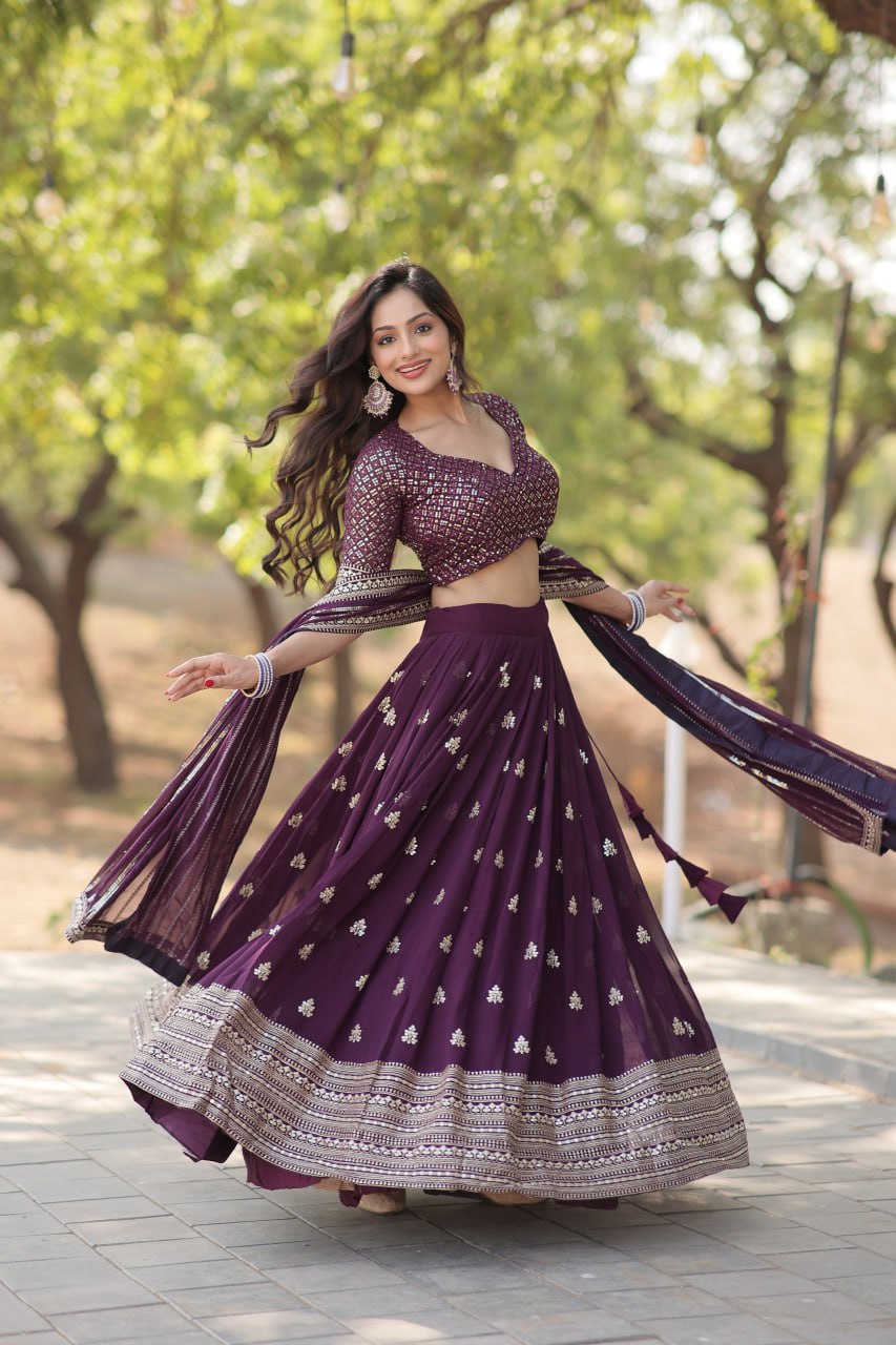 Faux Blooming Embroidered Wine Lehenga Choli Set with Sequin Work