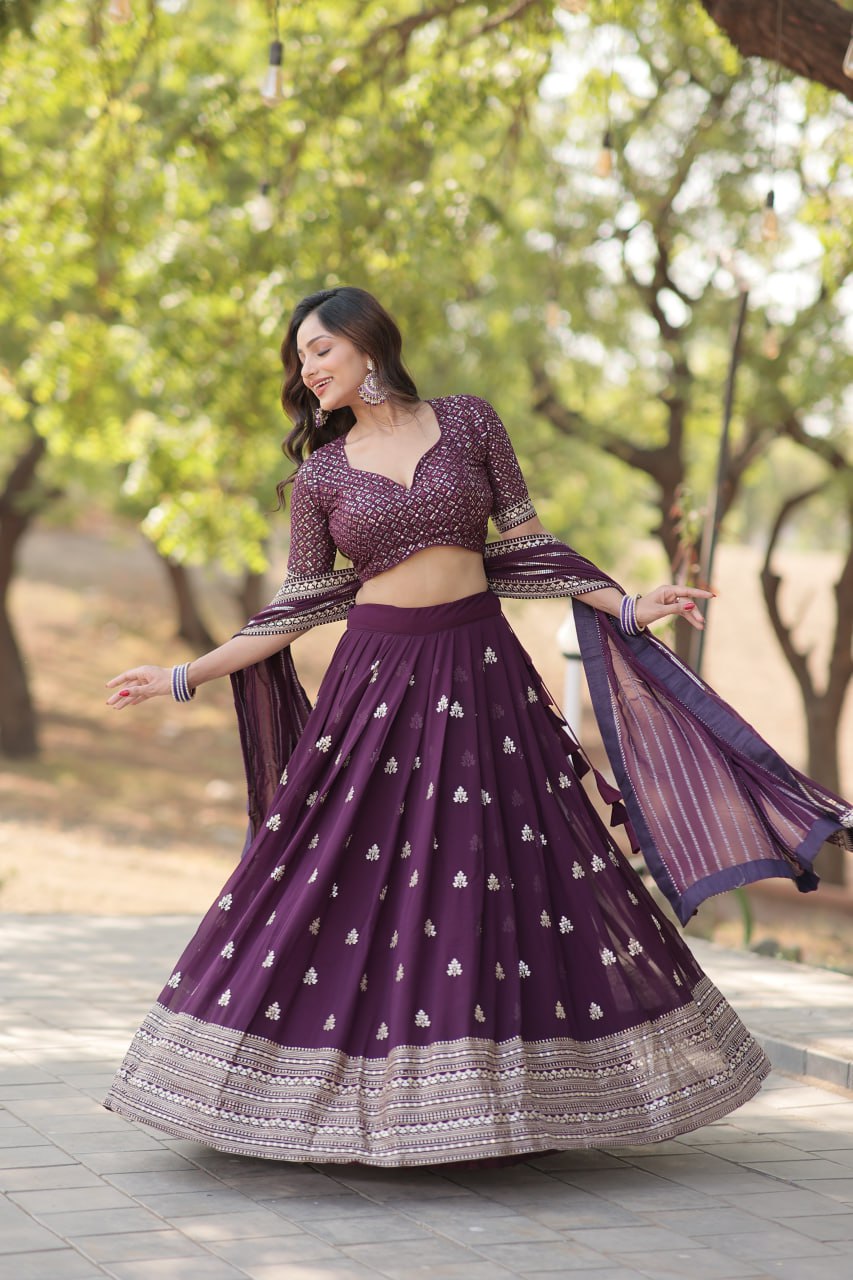 Faux Blooming Embroidered Wine Lehenga Choli Set with Sequin Work