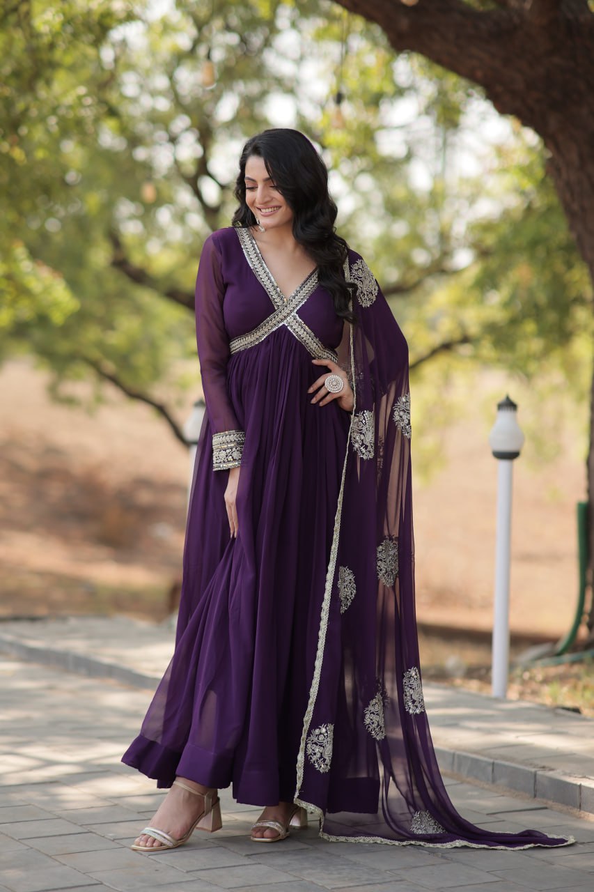 Faux Blooming Embroidered Purple Gown with Sequins & Designer Dupatta
