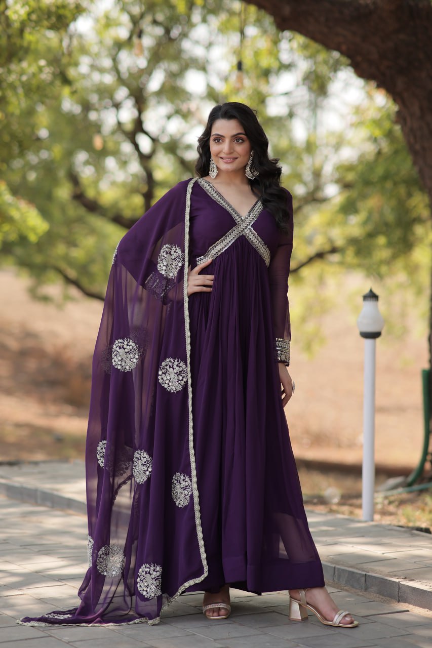 Faux Blooming Embroidered Purple Gown with Sequins & Designer Dupatta