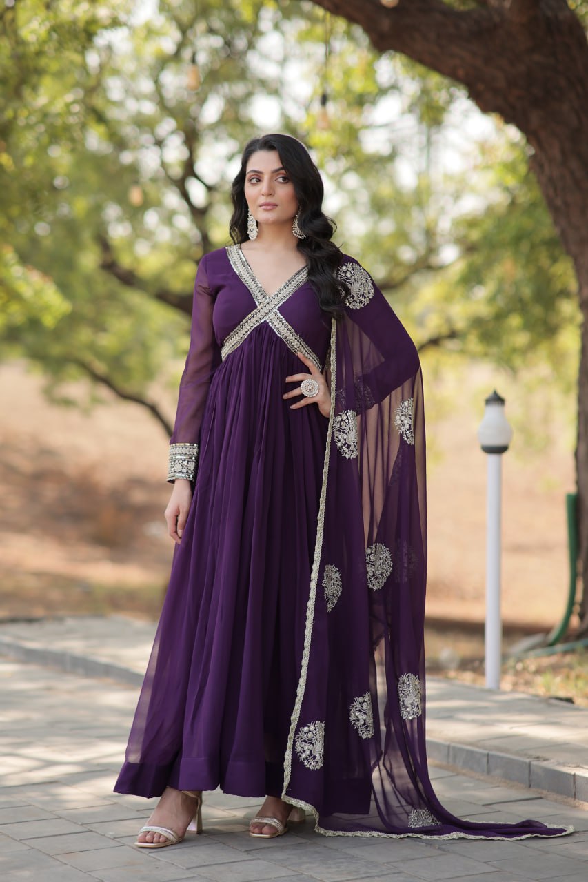 Faux Blooming Embroidered Purple Gown with Sequins & Designer Dupatta