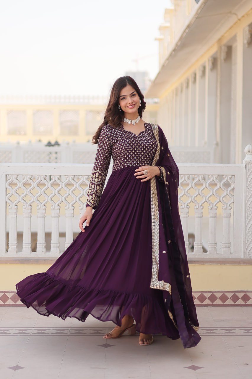 Faux Blooming Multi Sequin Embroidered Wine Gown with Luxurious Dupatta
