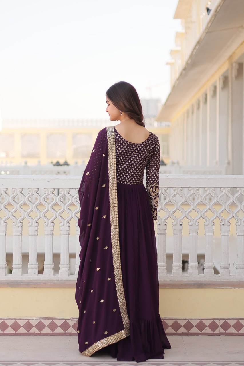 Faux Blooming Multi Sequin Embroidered Wine Gown with Luxurious Dupatta