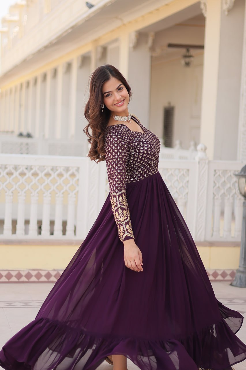 Faux Blooming Multi Sequin Embroidered Wine Gown with Luxurious Dupatta