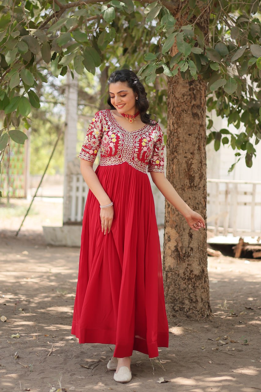 Faux Blooming Red Gown with Zari & Sequin Embellishments