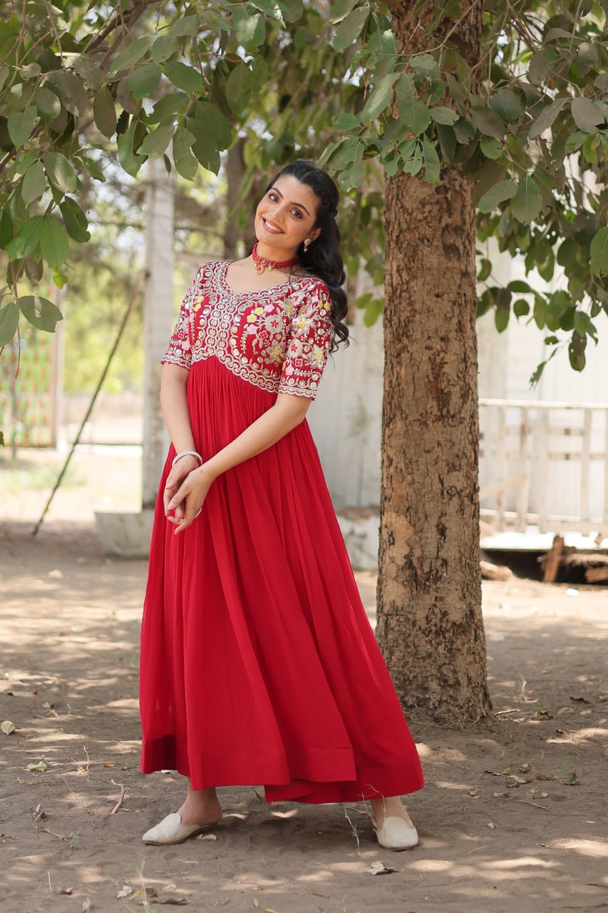 Faux Blooming Red Gown with Zari & Sequin Embellishments