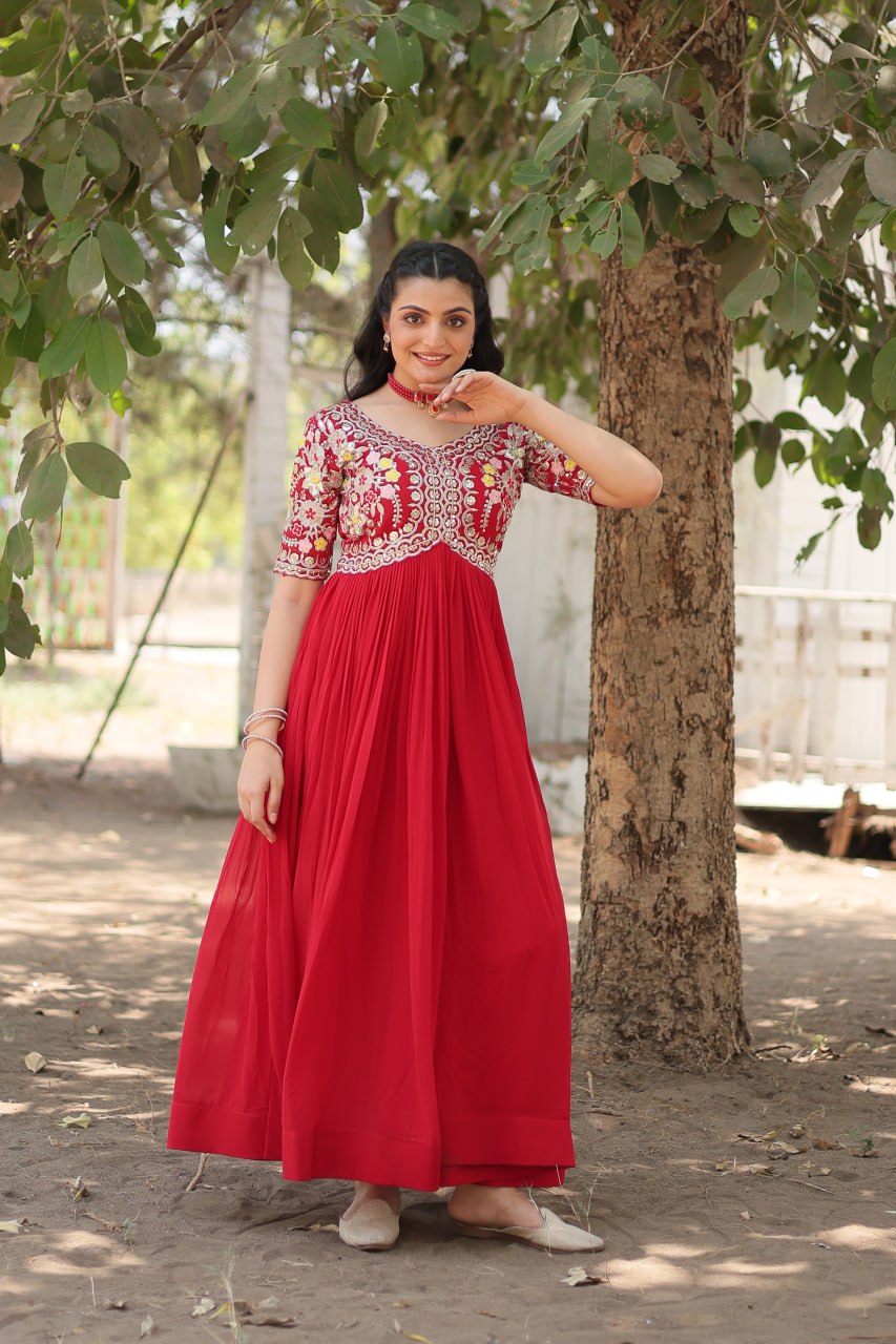 Faux Blooming Red Gown with Zari & Sequin Embellishments