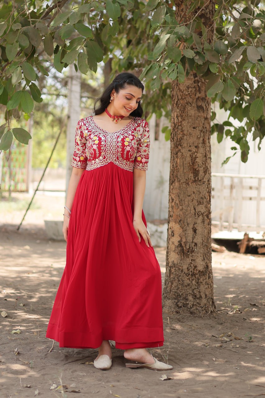 Faux Blooming Red Gown with Zari & Sequin Embellishments