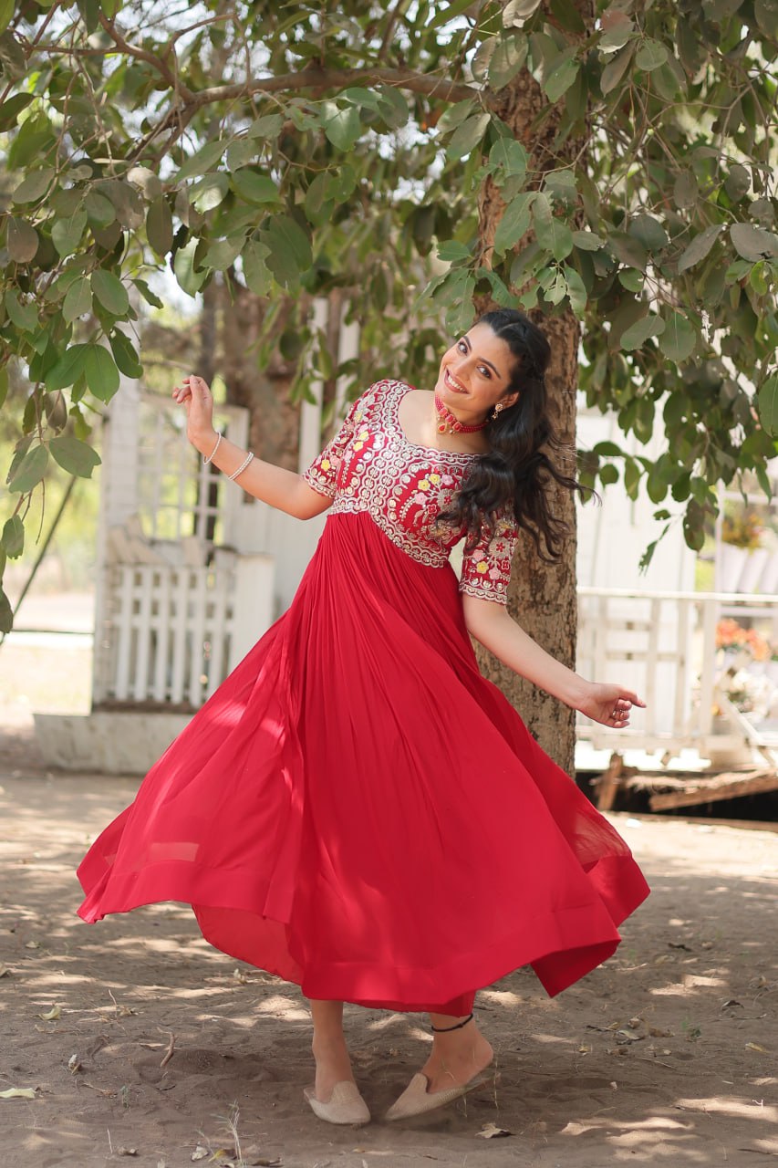 Faux Blooming Red Gown with Zari & Sequin Embellishments