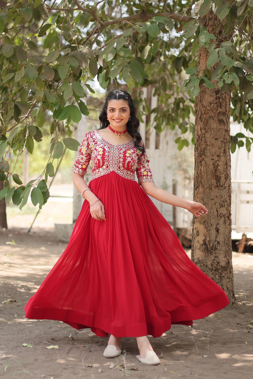 Faux Blooming Red Gown with Zari & Sequin Embellishments