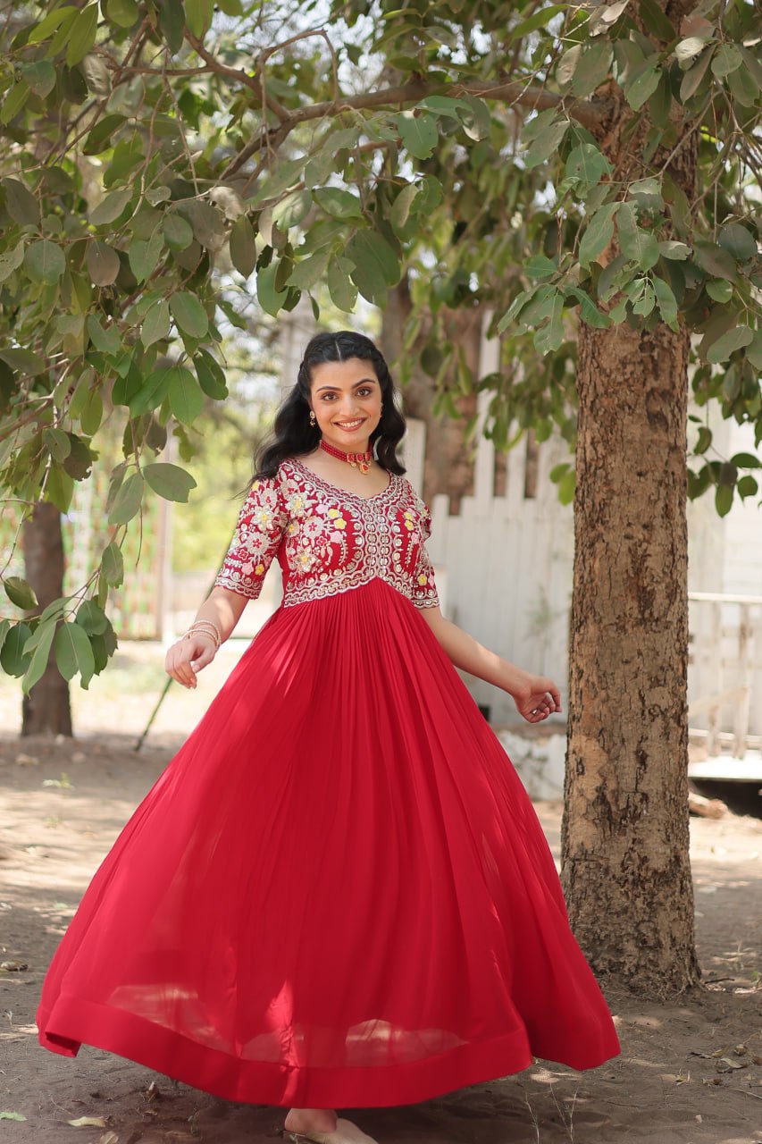 Faux Blooming Red Gown with Zari & Sequin Embellishments