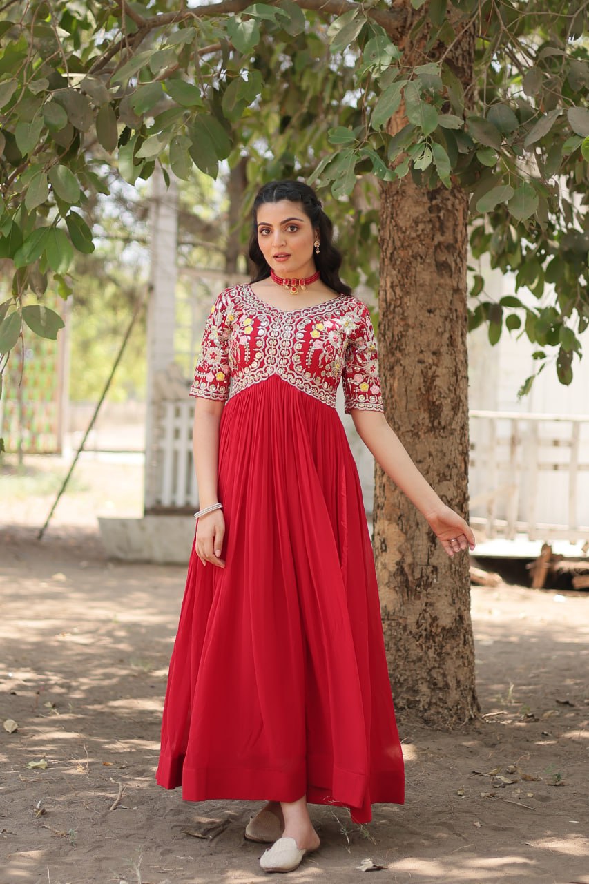Faux Blooming Red Gown with Zari & Sequin Embellishments