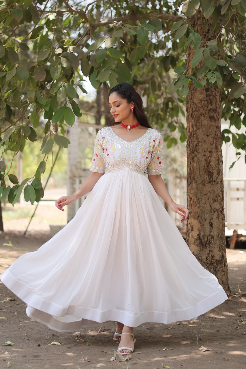Faux Blooming White Gown with Zari & Sequin Embellishments